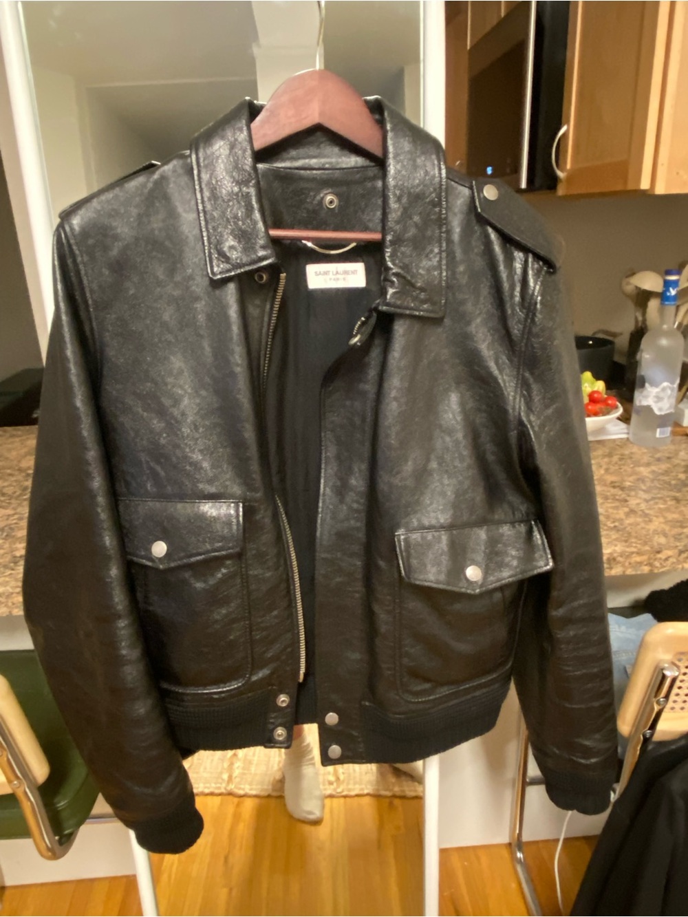 Saint Laurent Black Leather Bomber Jacket with Epaulets